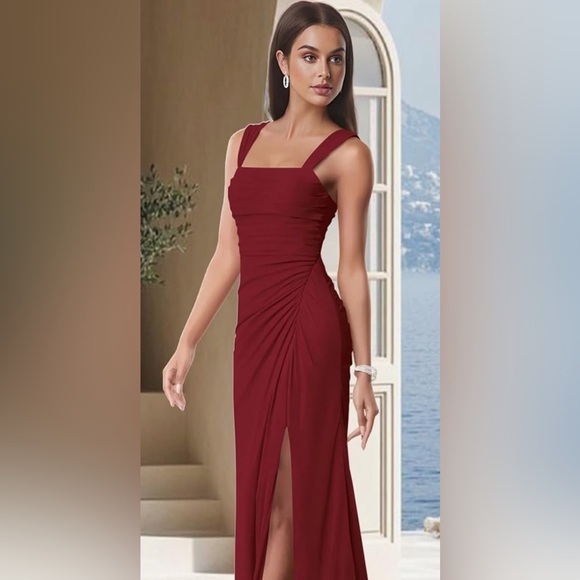 Firfig Wine Red Square Neck Ruched Maxi Dress Slit Floor Length Black Tie Large - Picture 2 of 11